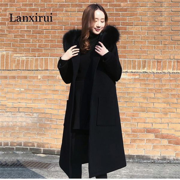 

black woolen coat 2019 winter women jacket new fashion with fur collar hooded outerwear mid long slim female blends coats1