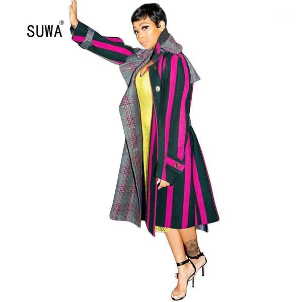 

2020 neown spring vertical striped plaid patchwork long jacket vintage streetwear women long sleeve button up trench outerwear1, Tan;black