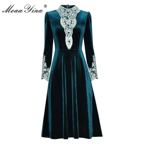 

moaayina fashion designer dress spring women's dress mesh embroidery stand collar long sleeve velvet dresses, Black;gray