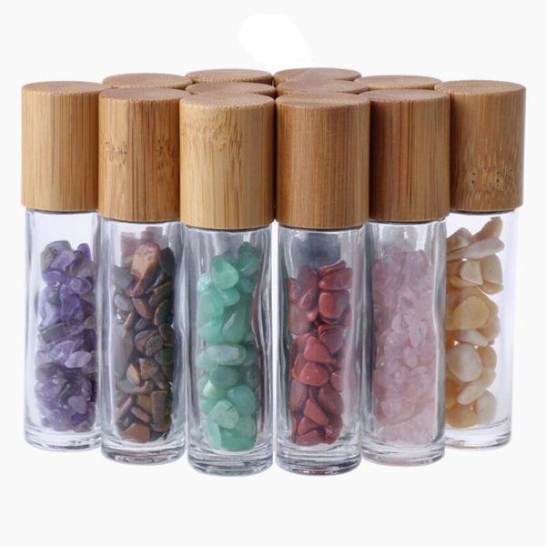 

essential oil diffuser clear glass roll on perfume bottles with crushed natural quartz stone crystal roller ball bamboo cap dhd1103