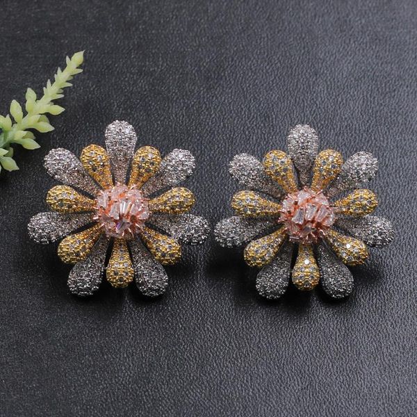 

lanyika special design snowflake stud earrings for woman wedding cubic zirconia full micro inlay popular luxury gifts, Golden;silver