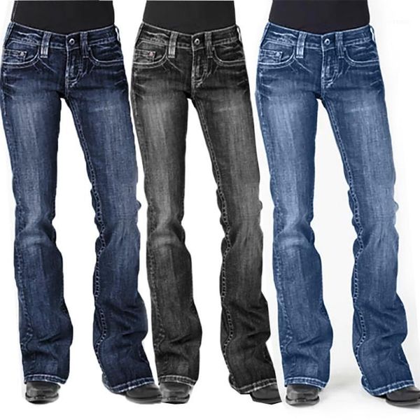

new ladies casual straight jeans women mid waisted denim jeans embroidery stretch button straight pants jeans#g301, Blue
