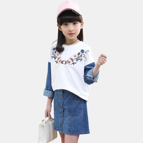

children denim clothes patchwork girls outfits tshirt + denim skirt 2pcs girls sets flower embroidery children's costume1, White