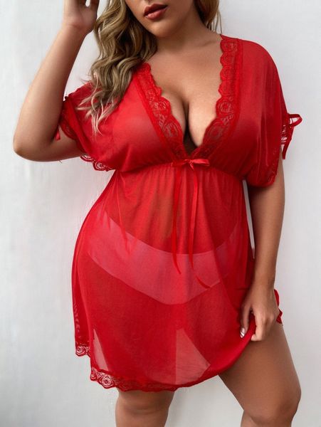 

plus lace trim sheer dress with thong 93rh#, Black;white