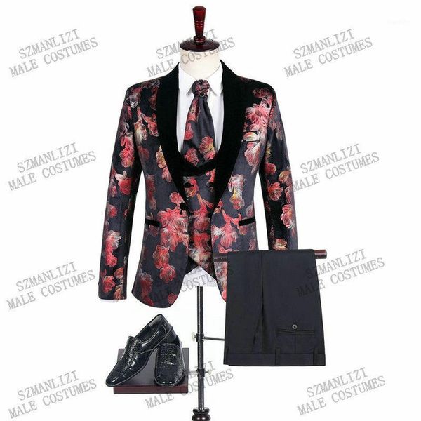 

new italian wedding men suit design 2020 velvet jacquard smoking jacket dress slim fit 3 pieces mens tuxedo groom suits for men1, White;black