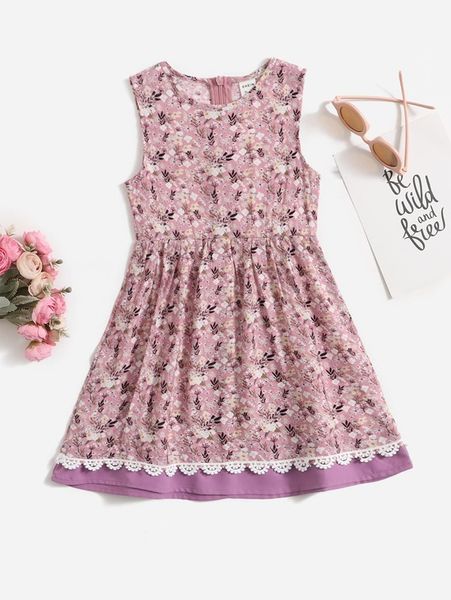 

toddler girls floral print guipure lace trim dress she, Red;yellow