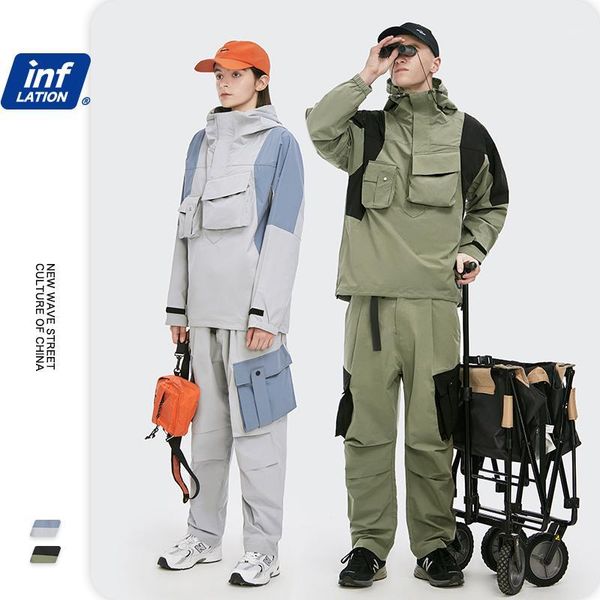 

inflation men harajuku cargo sweatshirt set streetwear 2020 trending windbreaker tracksuit men color block hip hop sweatsuit1, Gray