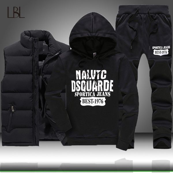 

3pcs hooded winter tracksuits men set thick warm vest hoodies pants suit zipper sportswear set mens jogger hoodie sporting suits, Gray