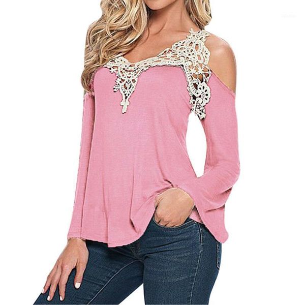 

women t-shirt off shoulder v neck t --shirt ladies lace long sleeve loose -mx81, White