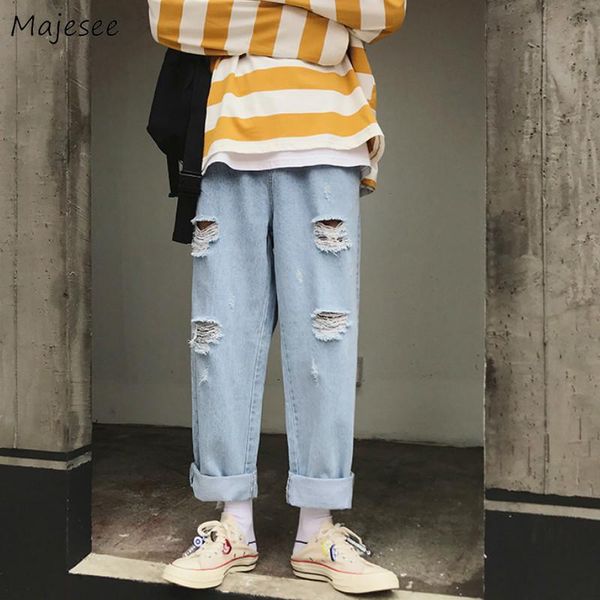 

men jeans hole drawstring ankle-length blue straight loose denim ulzzang chic all-match hip hop trendy handsome casual harajuku