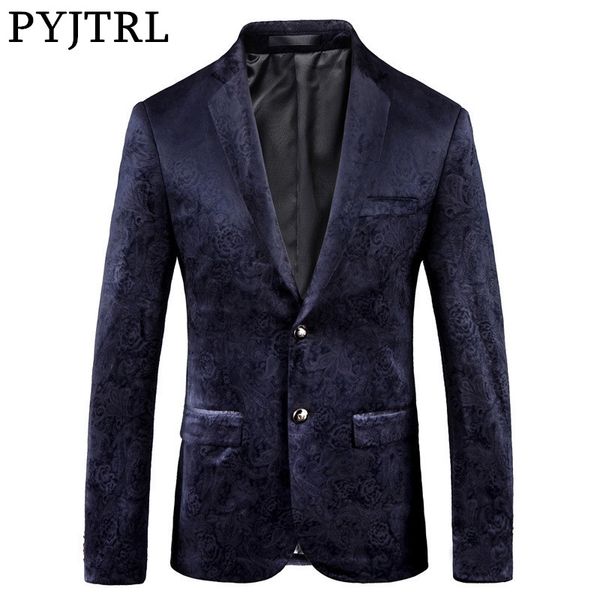 

pyjtrl male retro vintage navy blue floral print casual velvet blazer homme design casacas men coat slim fit suit jacket 201013, White;black
