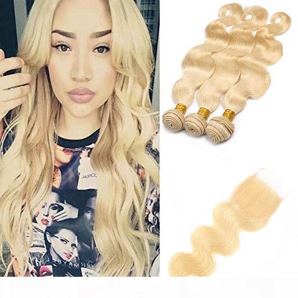 

malaysian unprocessed human har body wave 3 bundles with 4x4 lace closure 613# blonde virgin hair extensions with 4x4 closure baby hair, Black;brown