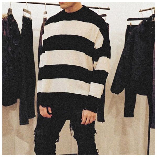 

british style trendy represent knitted sweater men's tassel hole black and white striped street loose knitted sweater couple, White;black