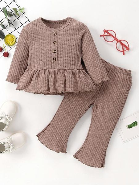 

baby lettuce trim peplum solid & flare leg pants she, White