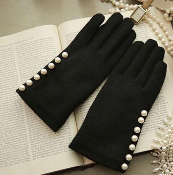 

five fingers gloves winter women high-grade pearl velvet thicken driving female cashmere embroidery wool warm touch screen h181, Blue;gray