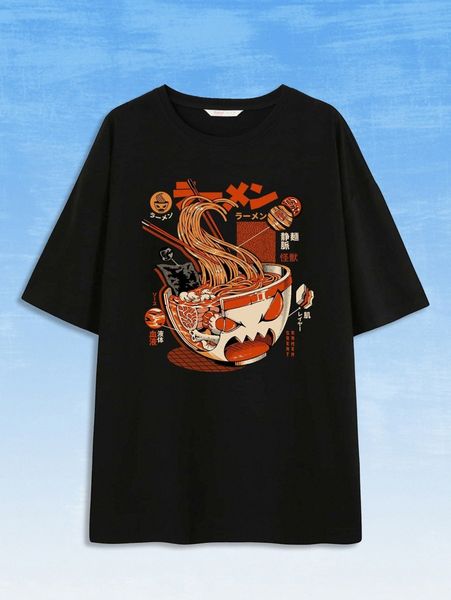 

romwe x ilustrata noodle graphic drop shoulder tee m0dk#, White