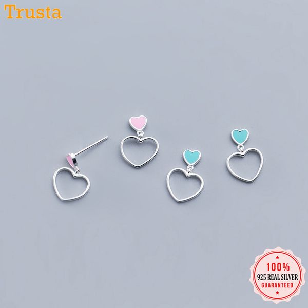 

trustdavis 100% 925 solid real sterling sweet pink blue glaze heart stud earrings gift for women girls kids lady jewelry da319, Golden;silver