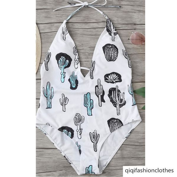 

one piece backless cactus pattern shows thin and deep v-size one-piece swimsuit woman, White;black