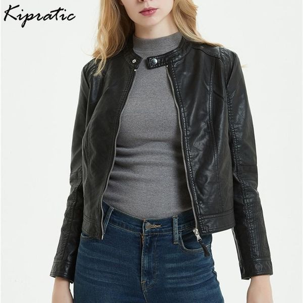 

spring autumn new pu leather women short slim jacket black o-neck motorcycle faux leather jacket lady coat black
