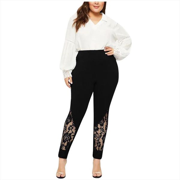 

casual plus size lace leggings for women solid pure hollow out skinny stretchy pencil pants lady high waist fitness leggins, Black