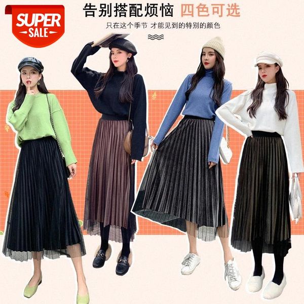 

winter autumn women's pleated skirt velvet print high waist long skirts women young girl thick large size fahion female falda #1t1r, White;black