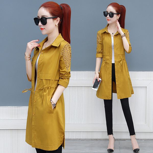 

spring trench coat women clothes new loose single breasted thin coat medium-long windbreaker slim-fit openwork female j180 1026, Tan;black