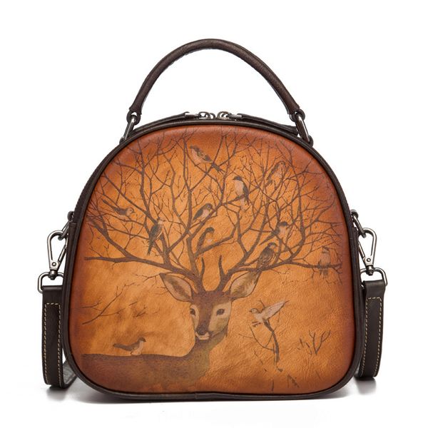 

women handle genuine leather bag tote bags retro deer pattern leisure crossbody small shoulder messenger bags c0121