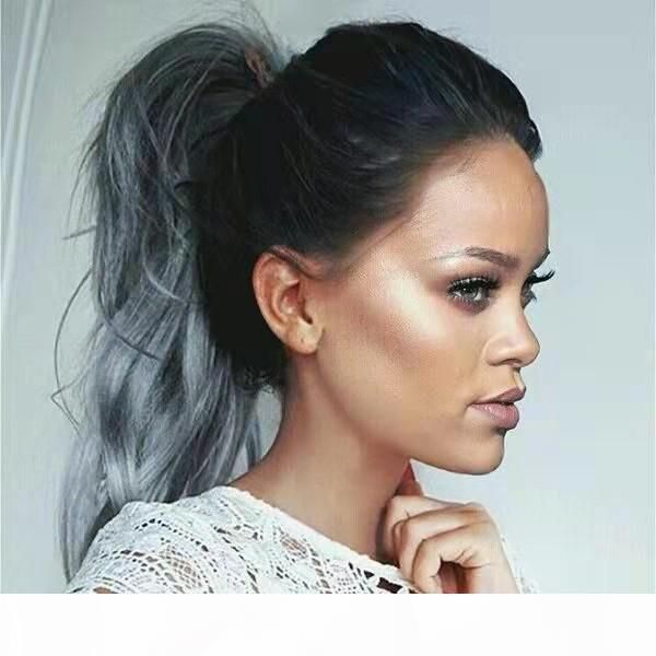 

cuticle aligned human hair ponytails extensions grey color clip in ponytail extension drawstring ponytials wavy silver gray hair, Black