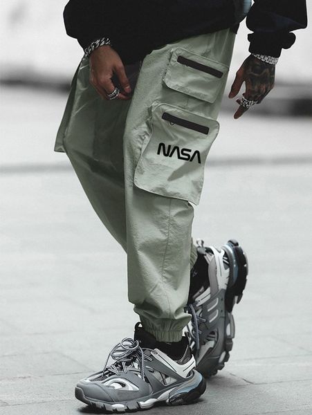 

men letter graphic zip pocket cargo pants o9t2#, Black
