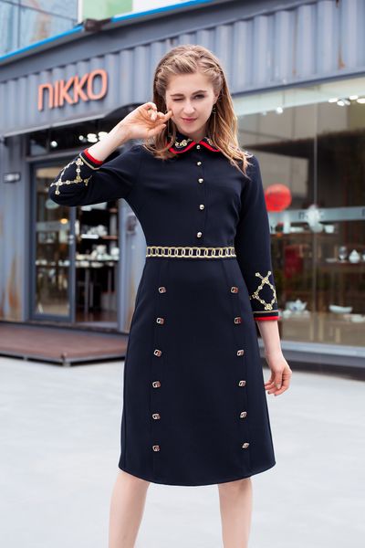 

european station high-end custom embroidery lapel waist slim blue dress, embroidered gold line lapel design, Black;gray
