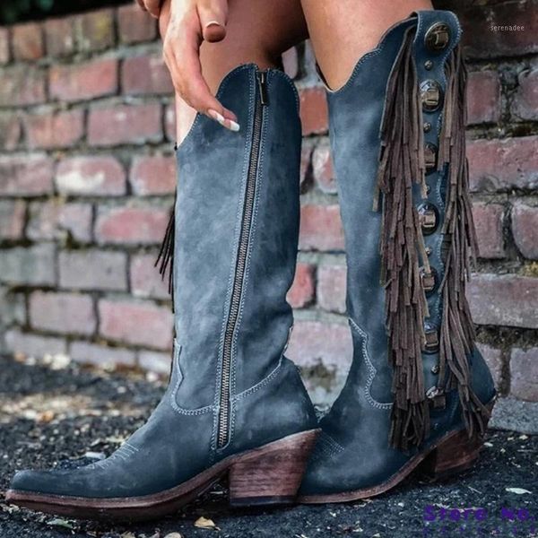 

boots high knee women big size chunky mid heels shoes booties vintage pu leather gladiator tassels deco shoe botas mujer1, Black