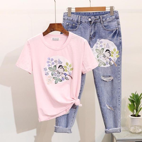 

summer women suit beading print short sleeve t-shirt denim pants two piece set large size harajuku female jeans pants 2pcs1, White