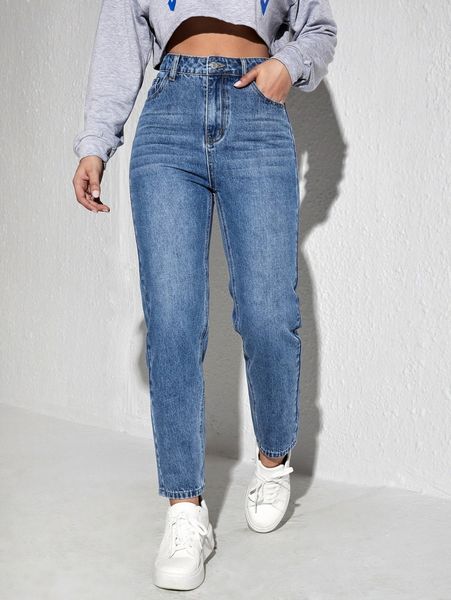

high waist cropped mom jeans h2eh#, Blue