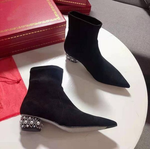 

женщина рене каовилла embellished pearl каблук ботильоны остроконечные toe скольжения на кристалл pearl luxury моды обувь rene boots, Black