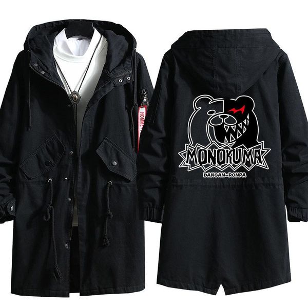 Herren Trenchcoats Anime Danganronpa Cosplay Hoodie Monokuma 3D-Druck Einreihiger Kapuzenmantel Mode Lässige schwarze Jacke