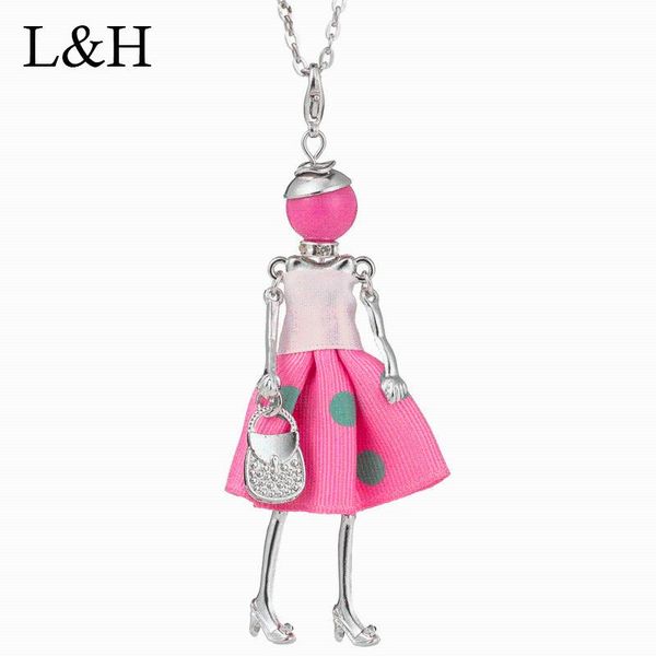 

stylish paris doll pendant long chain necklace elegant lovely dot dress dancing girl statement necklace for women jewelry gift, Silver