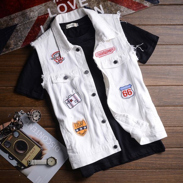 

2021 new fashion slim patches ripped hip hop denim vest men printed designer sleeveless chaqueta biker veste va20, Black;white