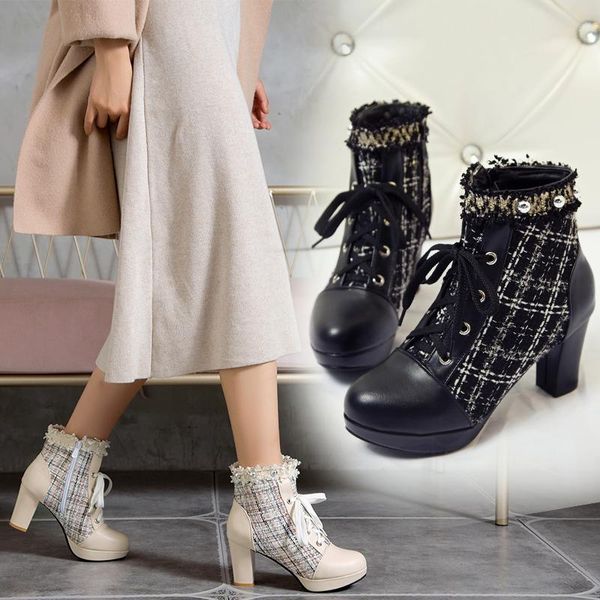 

pqecfs большой размер 34-43 высокое качество 2020 весна осень зима женщин сплошные странный стиль высоких каблуках ботильоны 2 цвета, Black