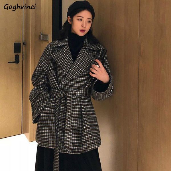 

women's wool & blends women plaid vintage belt turn down collar long sleeve casual oversize outwear fashion elegant ladies korean femal, Black