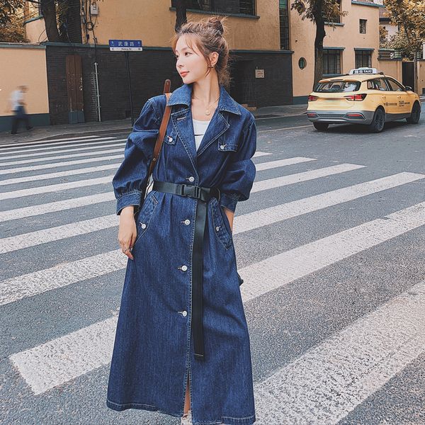 

2021 new denim trench female blue lapel long stylespring new korean fashion loose single-breasted wear a nz8 jacket belt usdi, Black;brown