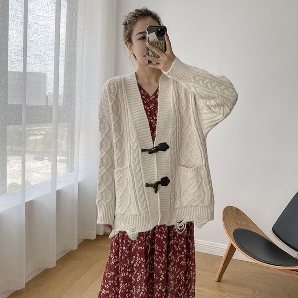 

6ocyo languid spring and autumn toggle flax knitted ox horn 2020 toggle sweater croissantbutton middle length loose cardigan sweater for wom, White;black