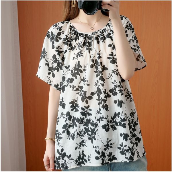 

fmxiu 2020 summer new large sizeloose shirtcotton and linen linen short and shirtthin shirtwomen's cotton sleeve round neck casual flor, White