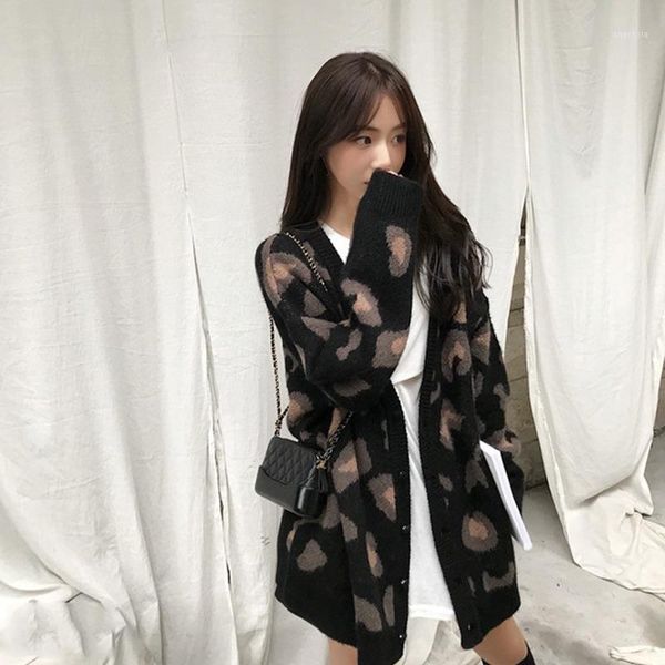 

2020 autumn new knit female cardigan loose streetwear knit sweater coat cute cartoon print v neck knitted cardigan women jacket1, Black;brown