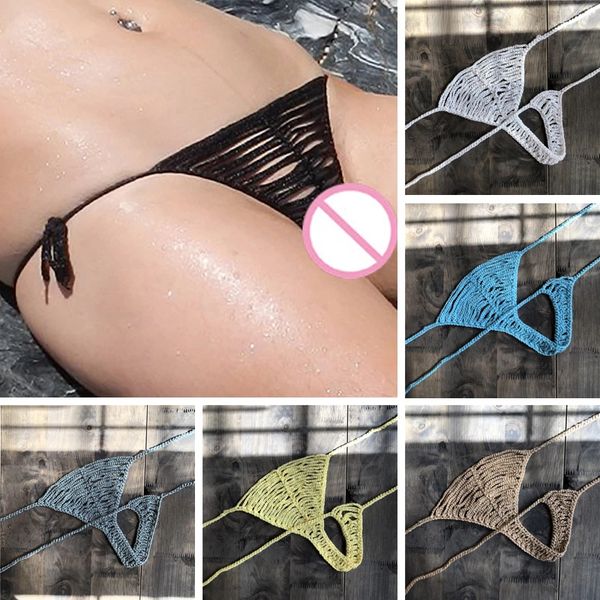 

micro mini bikini thong bottom woman handmade crochet beach black bikini swimwear trunks romance g-string, White;black