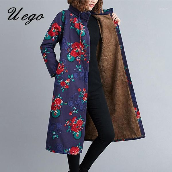 

uego thicken fleece warm winter coats print floral vintage women coat cotton button outwear female long winter coat1, Black
