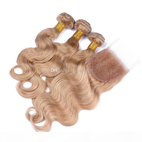 

7a body wave blonde brazilian virgin hair with closure 3 bundles honey blonde hair weave with 1pc 4x4 lace closure body wave #27, Black;brown
