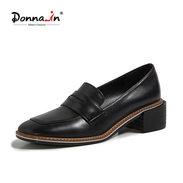 

donna-in autumn concise retro style 2020 women's genuine cow leather shoes british style square toe thick med heels ladies shoes, Black