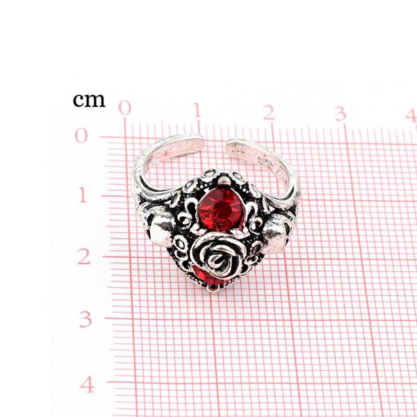 

1pc vintage skeleton rose red zircon open ring for women men punk retro gothic metal color skull flower finger ring jewelryr158 wmtokj, Bronze;silver
