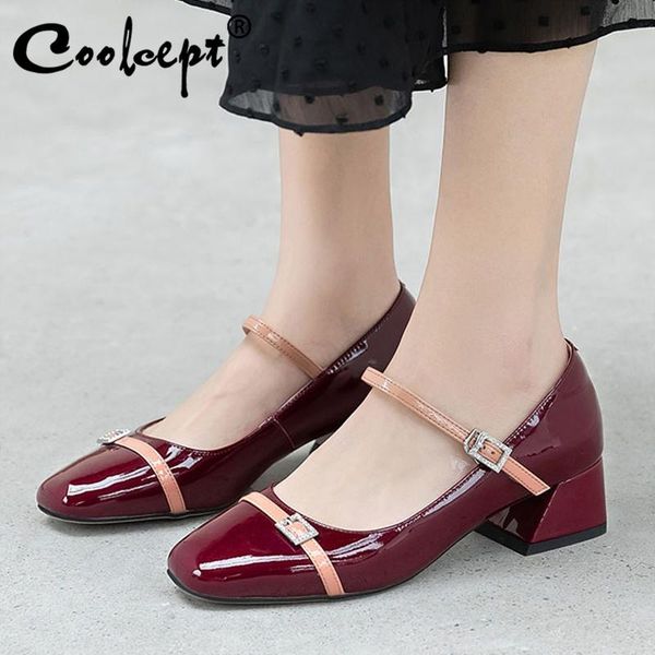 

dress shoes coolcept women genuine leather high heels fashion metal buckle crystal casual square toe daily party footwear size 33-40, Black