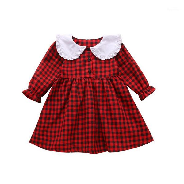 

girl's dresses infant kids baby girl plaid dress fall midi lace lapel collar buttons long sleeve princess casual dresses1, Red;yellow